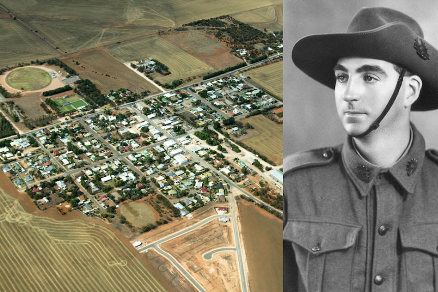 Composite photo of a town aerial and a soldier.
