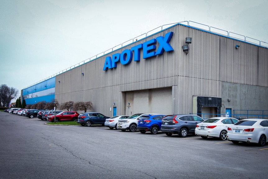 A large building with "Apotex" written in large blue letters on the side