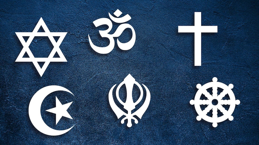Symbols from the 6 main religions of the world. Christianity, Judaism, Islam, Hinduism, Buddhism & Sikhism.