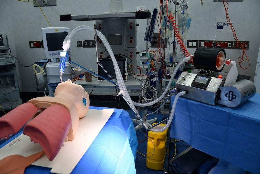 A test dummy set up with the locally made OzVader ventilator in a clinic room in Brisbane.