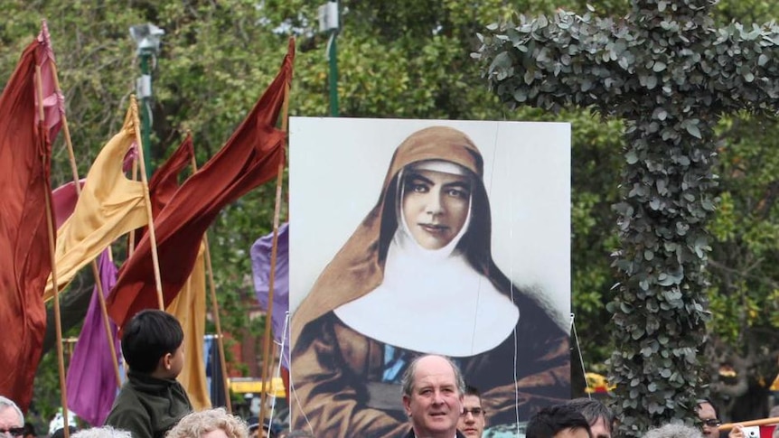 The Sisters of St Joseph lead a colourful procession through the streets of Melbourne to celebrate the canonisation.