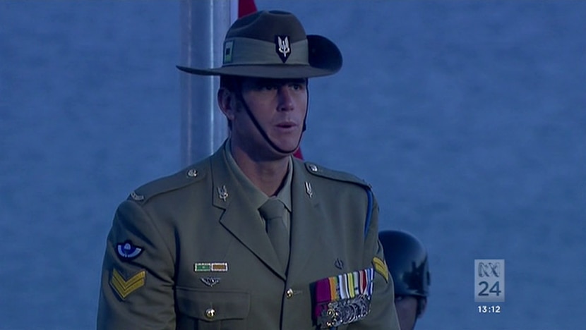 Victoria Cross recipient Corporal Ben Roberts-Smith reads the ode to the soldier at Gallipoli.