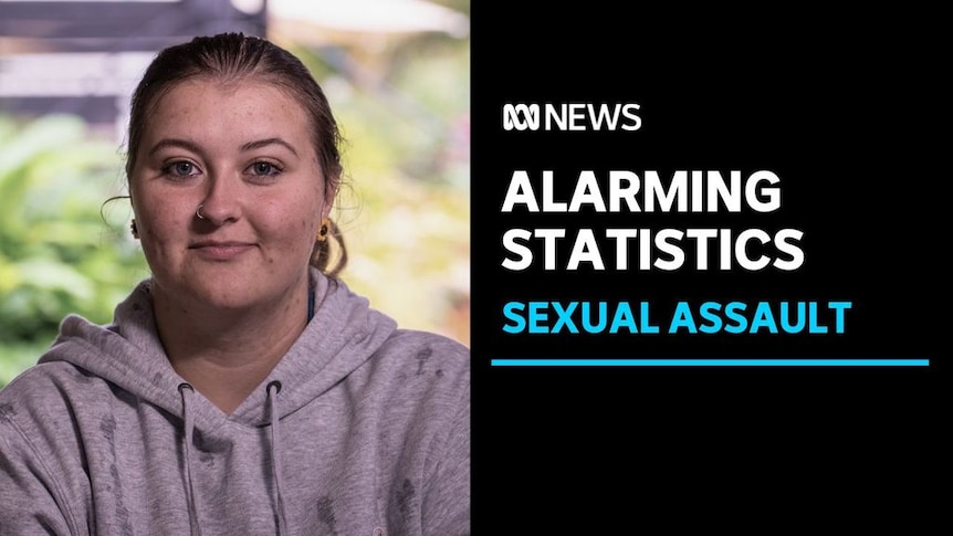 Alarming Statistics. Sexual Assault. Young woman wearing grey hoodie with pony tail.