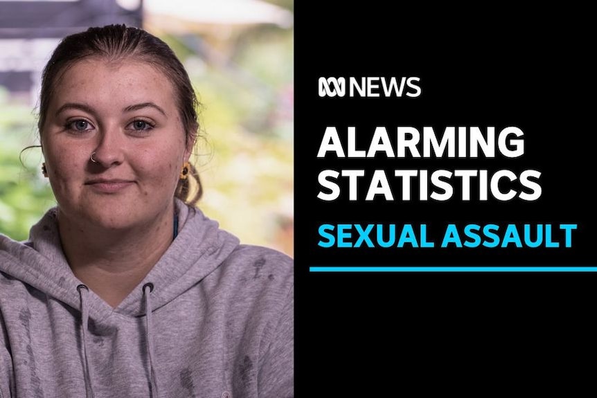 Alarming Statistics. Sexual Assault. Young woman wearing grey hoodie with pony tail.