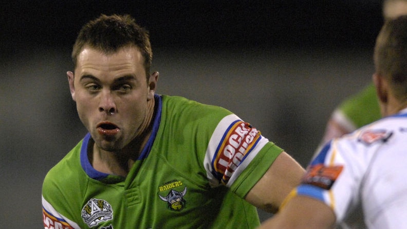 Canberra Raiders utility Marshall Chalk passing ball against the Gold Coast Titans