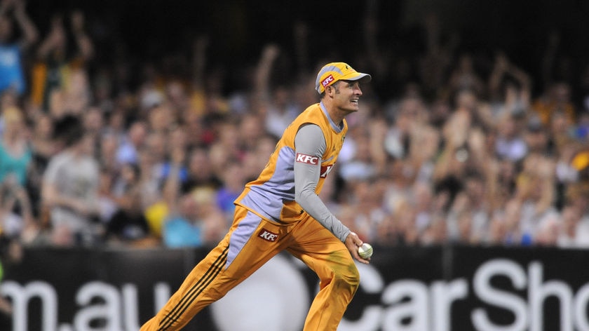Michael Hussey celebrates the wicket of Hershelle Gibbs