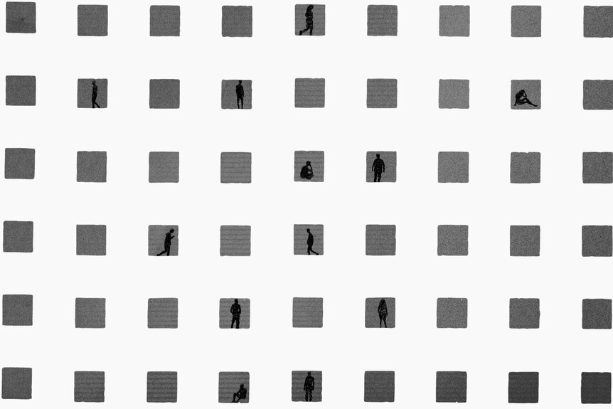 An array of grey squares. There are silhouettes of people are in some of them. Some are pacing, some sit.