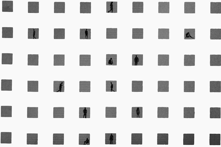 An array of grey squares. There are silhouettes of people are in some of them. Some are pacing, some sit.