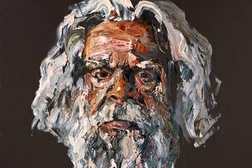 A painting of a man with a beard with his reflection underneath