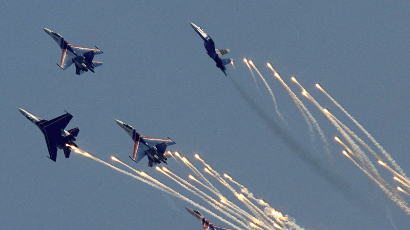Sukhoi Su-27s fly in formation during the international air show in Moscow