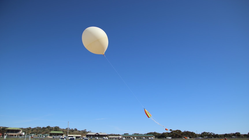 An large white balloon in the air surrounded with a clear blue sky.
