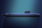 A concept design of the black submarine submerged in deep water.