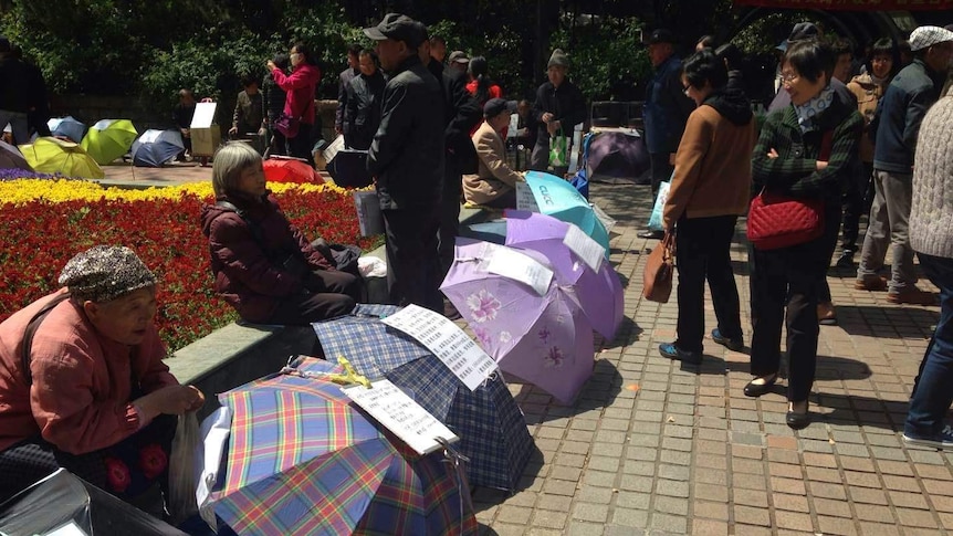 A crowd of parents gather at Shanghai's marriage corner, looking at a row of umbrellas.