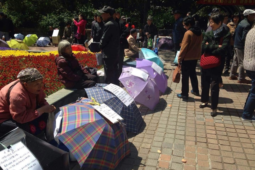 A crowd of parents gather at Shanghai's marriage corner, looking at a row of umbrellas.