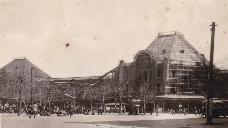 Tokyo Station being repaired in March 1947, two years after firebombing raids.