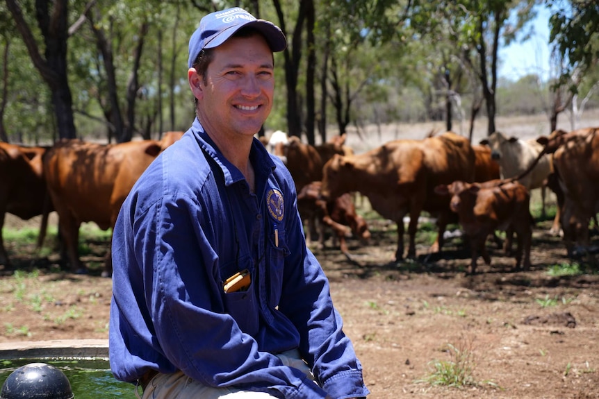 Farmer Stuart Barrett sits on a water trough in front of cattle