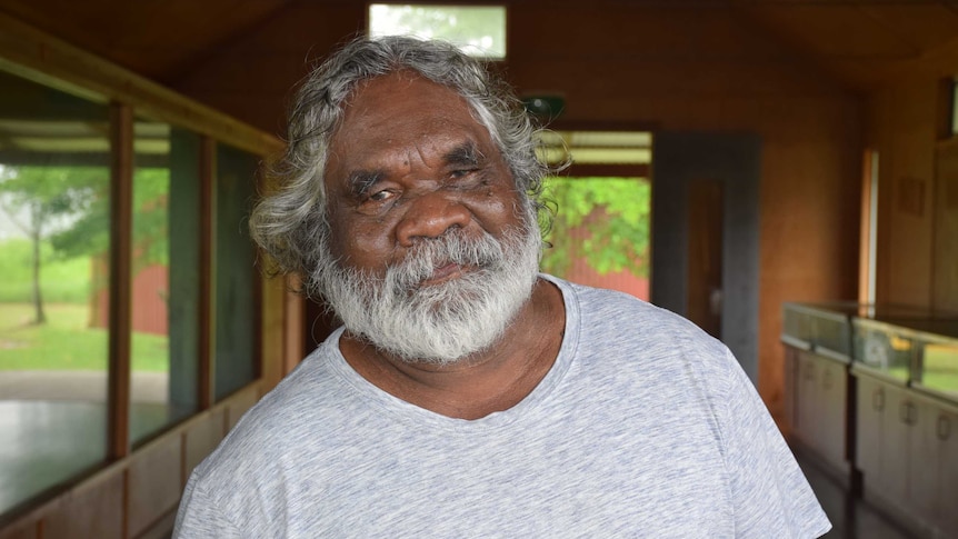 An Indigenous man with white hair had a subtle smile on his face, head tilted