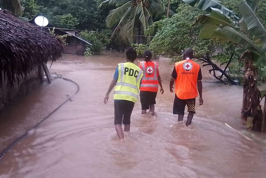 People in high-vis vests walk through floodwaters. 