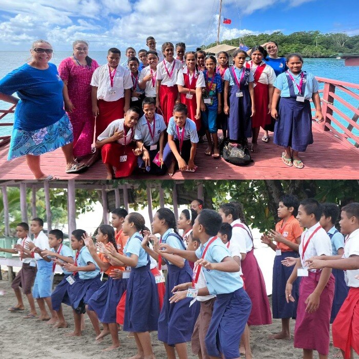 Samoan children in school uniform dance in one pic. Pose infront of ocean and Samoa flag in top pic.