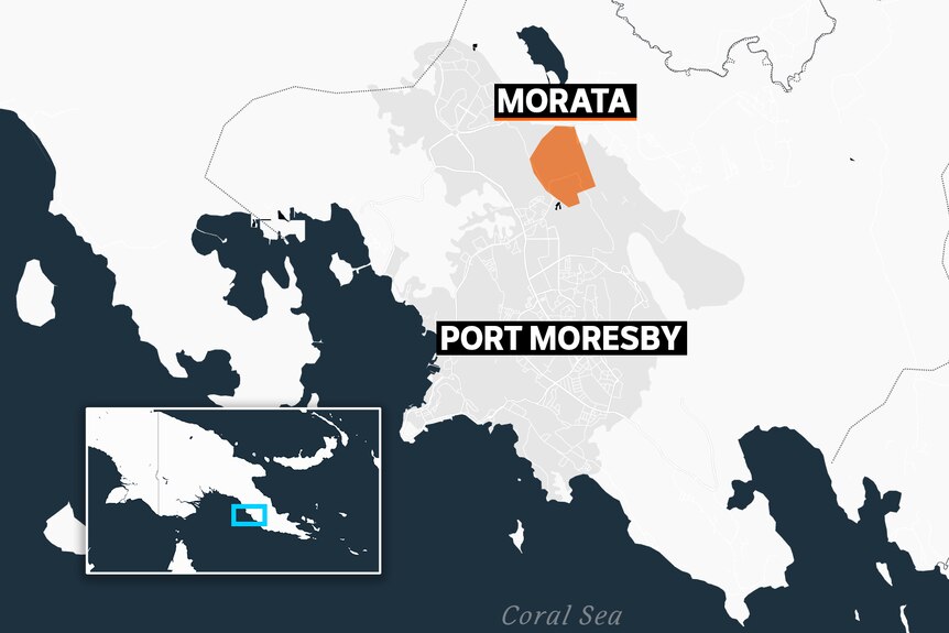 You view a highlighted section of Morata in relation to the geographical map of Port Moresby.