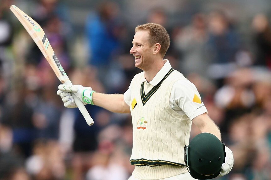 Milestone man ... Adam Voges celebrates scoring a double century on day two in Hobart