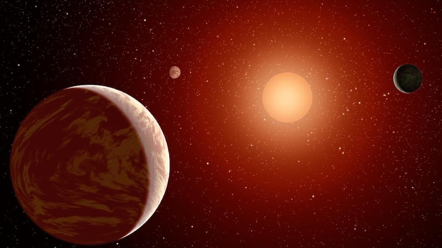 Artist's impression of planets orbiting a red dwarf star.