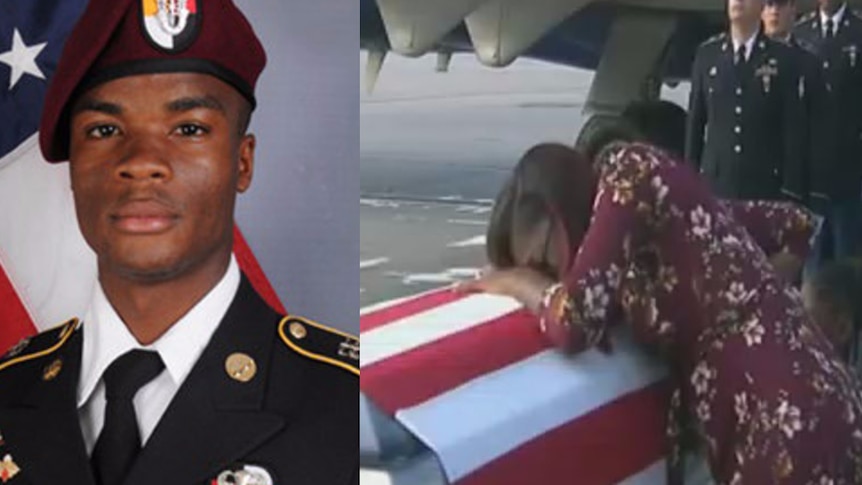 Left: Official US Defense photo Sgt La David Johnson. Right: Myeshia Johnson cries over her husband's casket