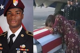 Left: Official US Defense photo Sgt La David Johnson. Right: Myeshia Johnson cries over her husband's casket
