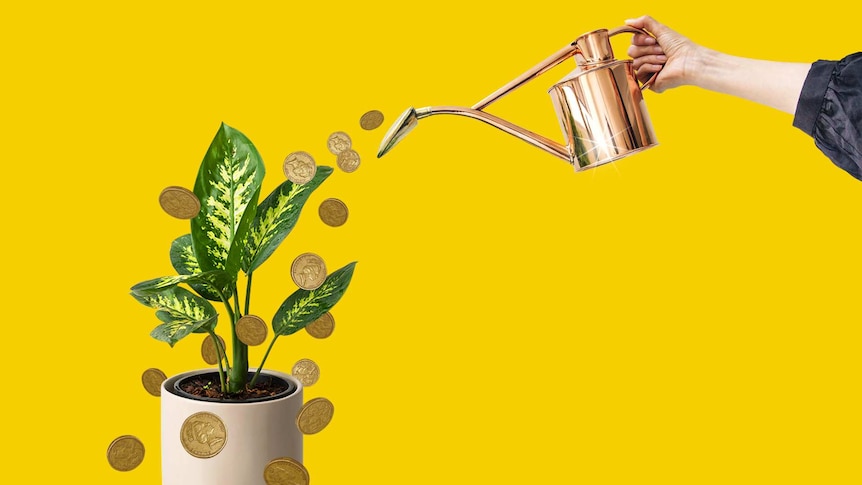A woman pouring gold coins out of a watering can on to a plant.