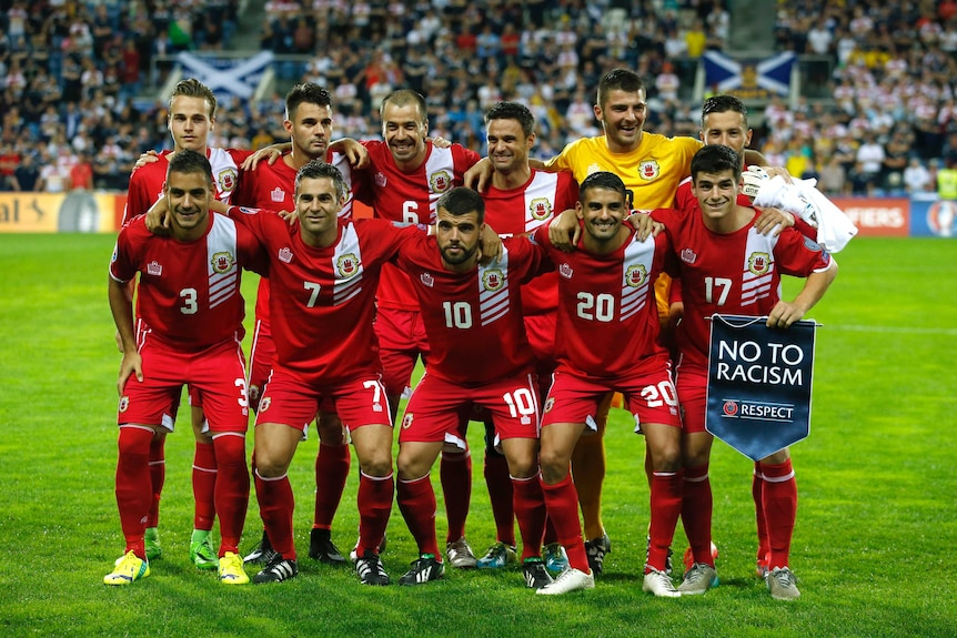 The Gibraltar national football side team photo ahead of a game against Scotland in Portugal.
