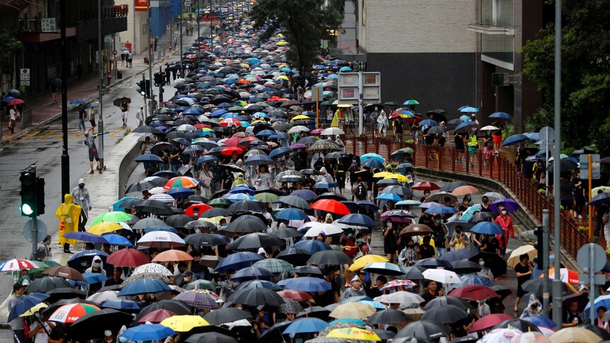 A sea of umbrellas can be seen filling the streets as tens of thousands of protesters march in Hong Kong in the rain