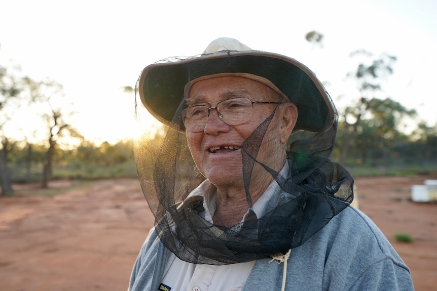 Man wearing bee net with sunset in background