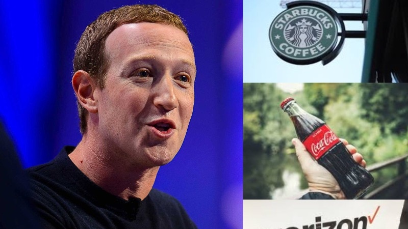 Left: Mark Zuckerberg's face. Right from the top: Starbucks sign, Coke bottle, Verizon mobiles