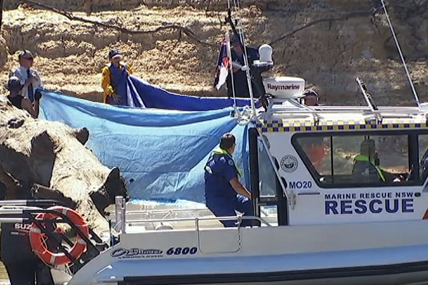 Police putting up blue tarps as they remove the body of a boy from the Murray River.