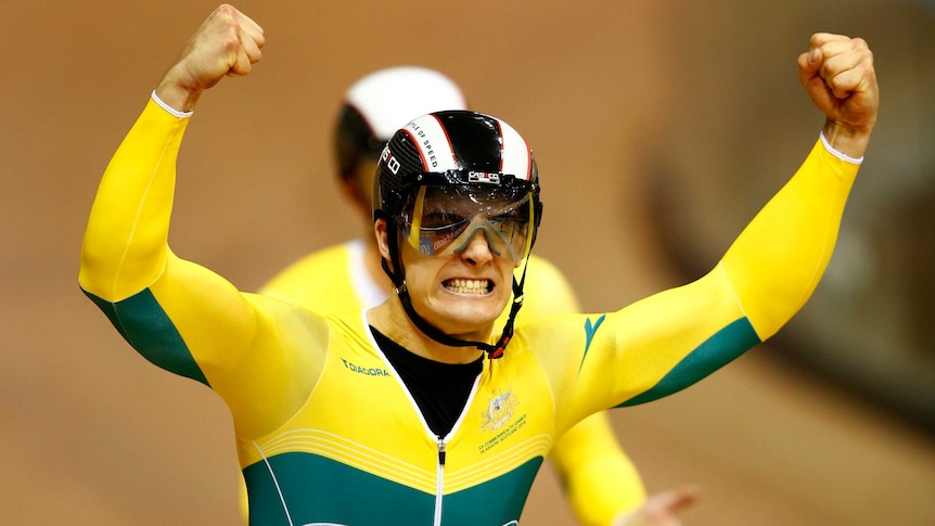 Australia's Matthew Glaetzer celebrates his win in the men's keirin final in Glasgow