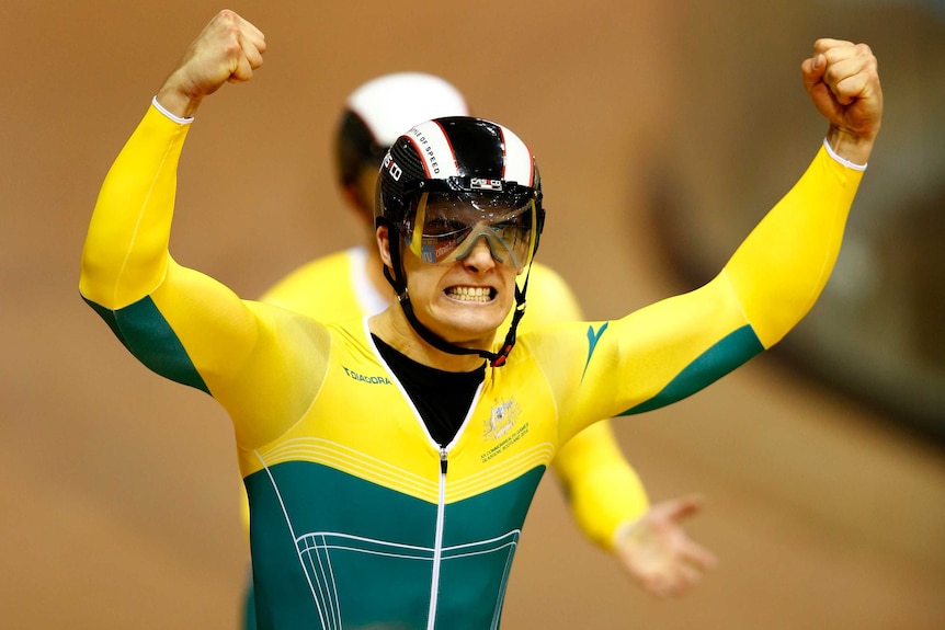 Australia's Matthew Glaetzer celebrates his win in the men's keirin final in Glasgow