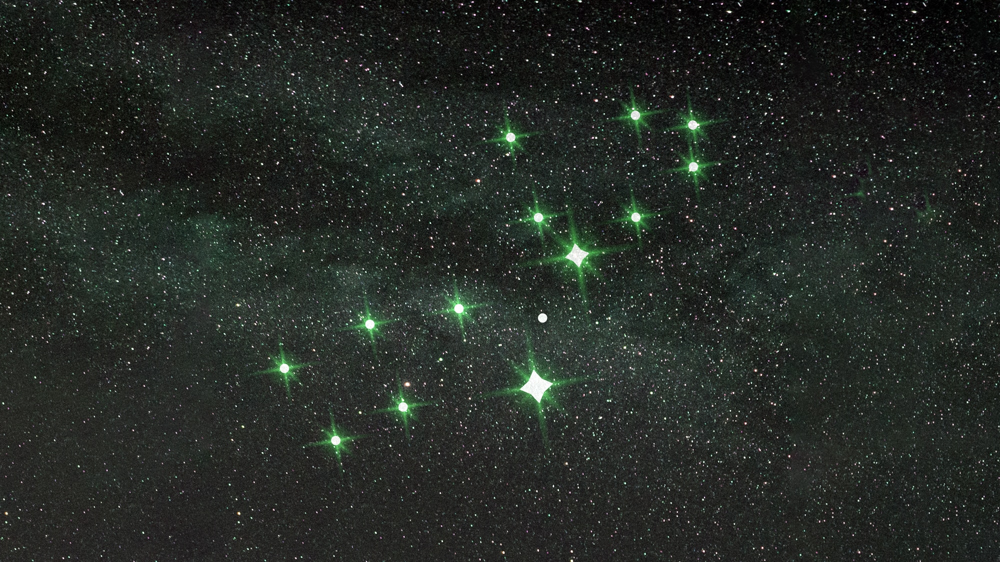 11 green stars, a constellation, shine in the night sky