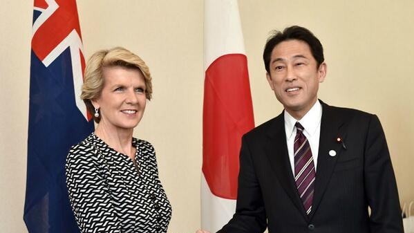 Julie Bishop (L) meets her Japanese counterpart Fumio Kishida (R)