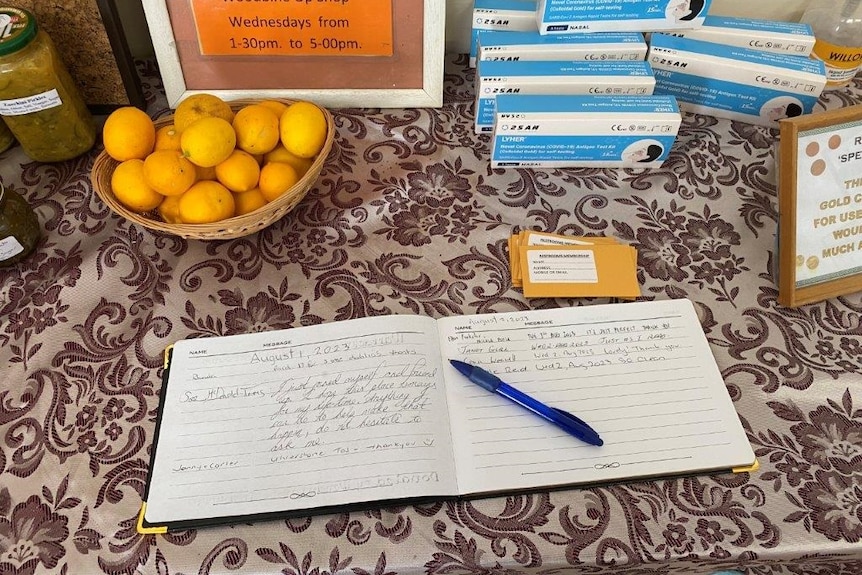 bowl of lemons, visitors book on table