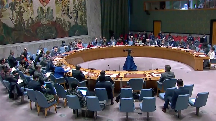 Representatives sit at a round table during a United Nations Security Council meeting.
