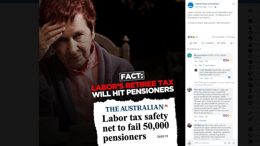 A screen capture of a Liberal Facebook post attacking Labor's "retiree tax".