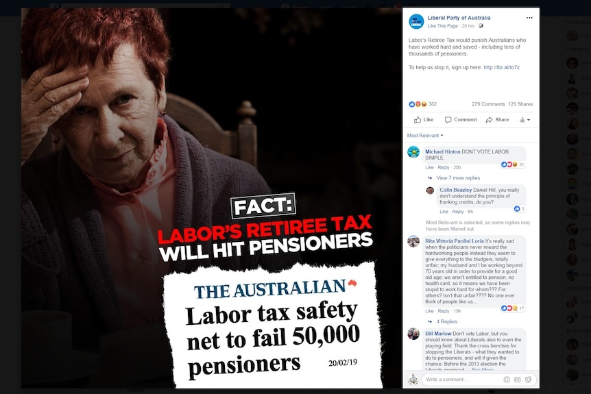 A screen capture of a Liberal Facebook post attacking Labor's "retiree tax".