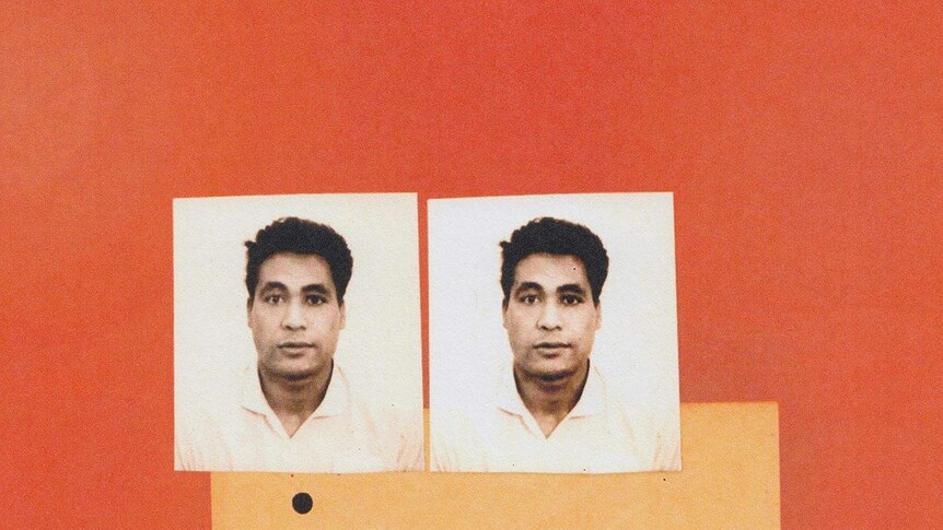 Image of a letter and passport photos of a man on orange background.