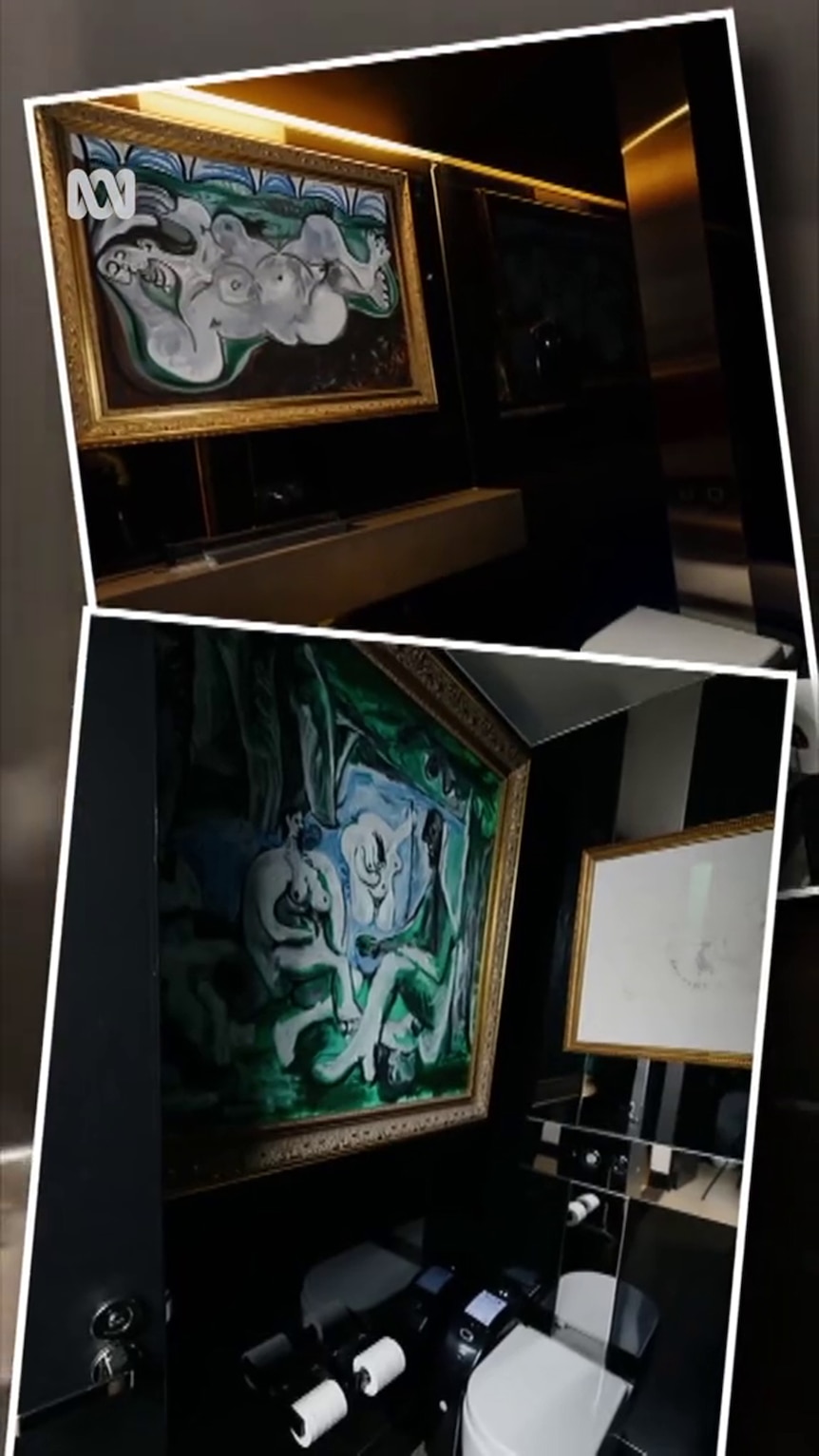 Photo composite shows two images showing artworks hung inside a room with a toilet also visible