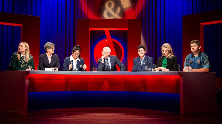 Four high schoolers sit on the Q&A panel with Tony Jones, Penny Wong, and Bridget McKenzie.