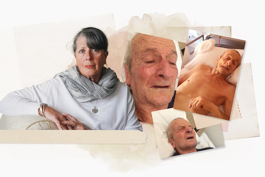 Collage with photo of an elderly woman and photos of her husband in a hospital bed.