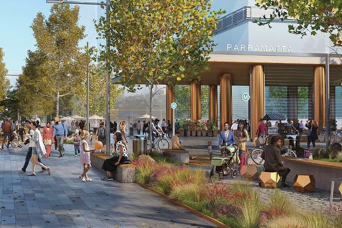 an artist's illustration of a new light rail train station at parramatta