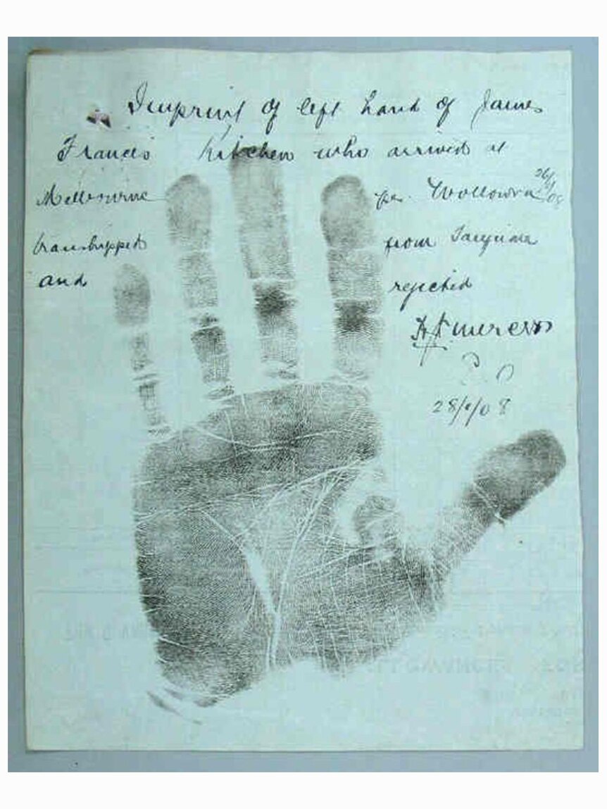 Piece of paper with a handprint from James Francis Kitchen Minahan