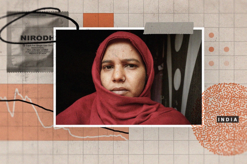 A graphic shows an Indian woman looking into camera at the centre, with dot-based graphs and condoms in the background