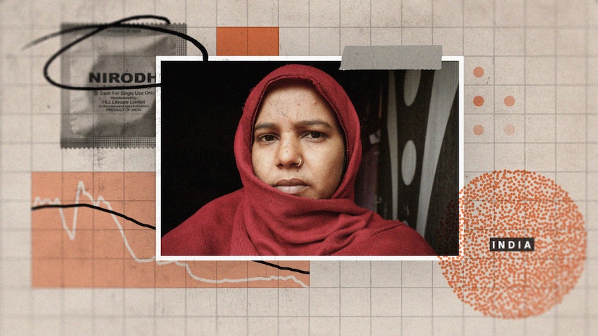 A graphic shows an Indian woman looking into camera at the centre, with dot-based graphs and condoms in the background